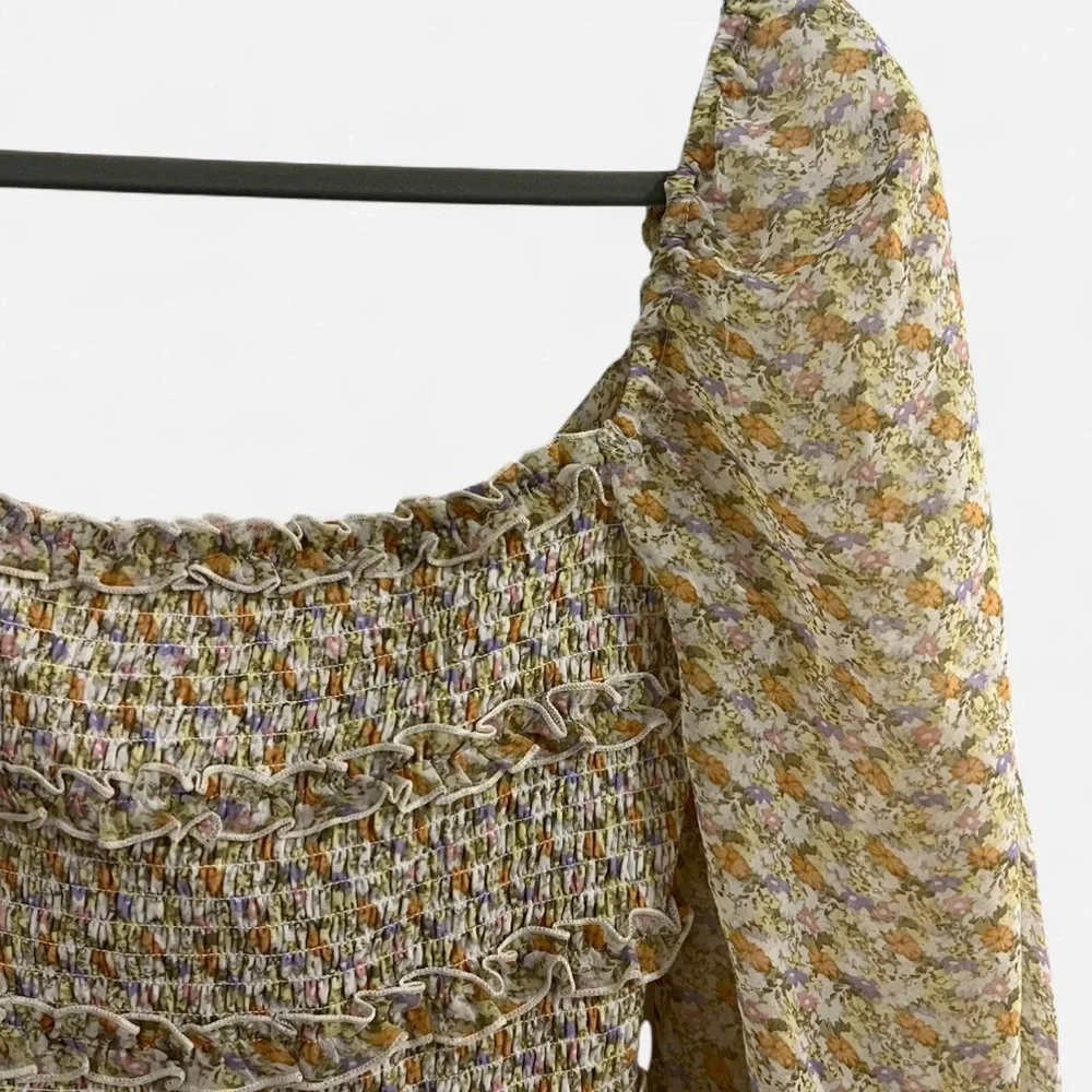 ASTR The Label Light Floral Smocked Square Neck + Tie Back Blouse